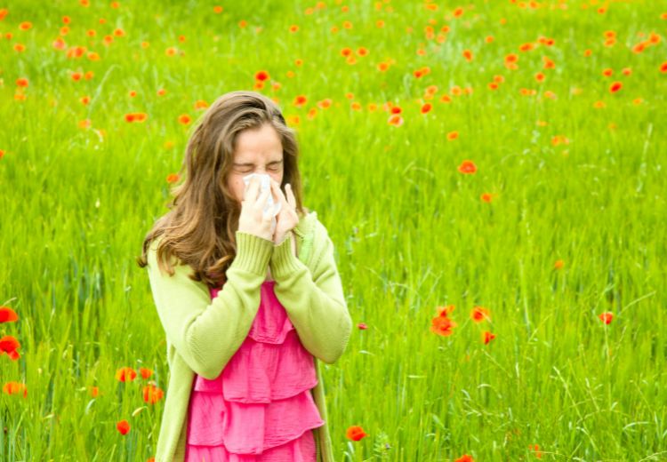 Ein Mädchen steht in einer Blumenwiese und muss sich die Nase schnäuzen.