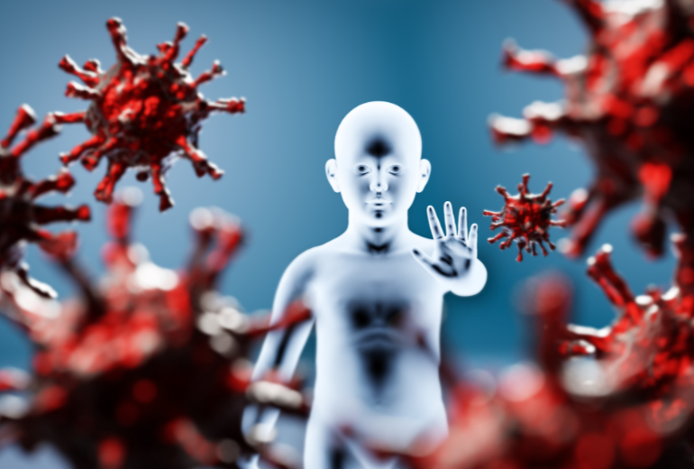 Kind macht ein "Stop"-Zeichen mit der Hand, die in Richtung Bakterien zeigt.